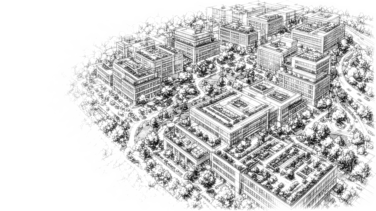 Large campus with green spaces, roof gardens, and terraces