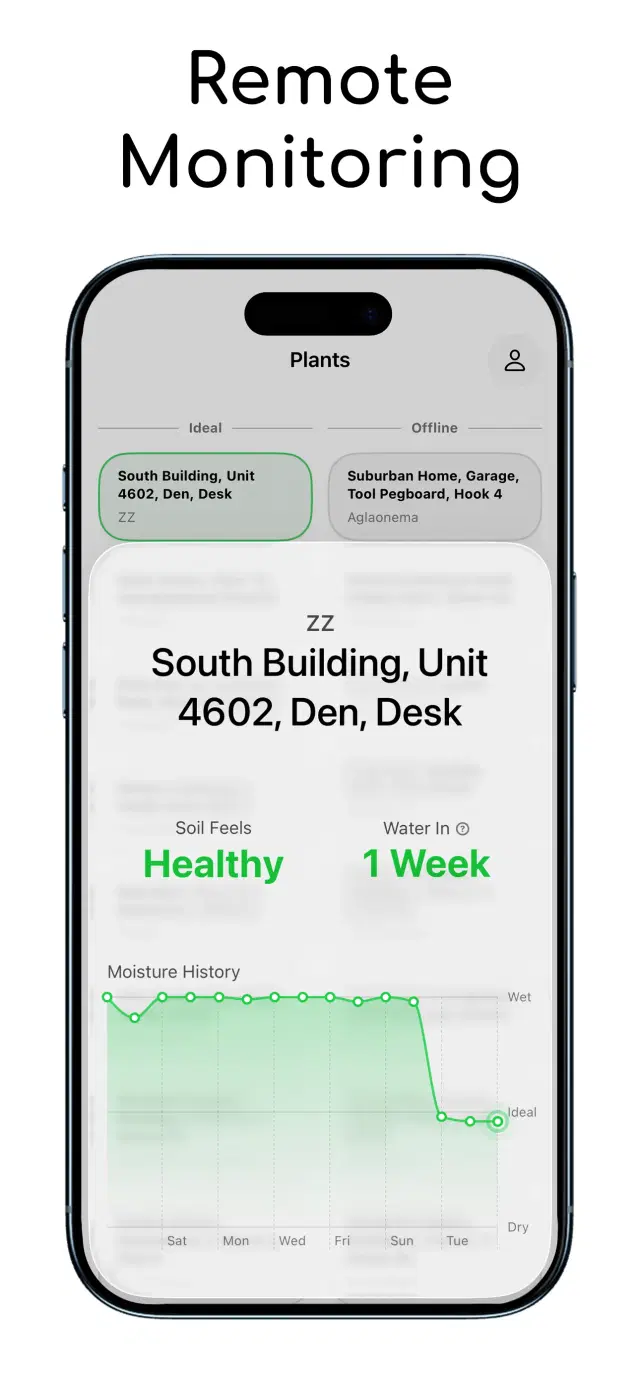 App screenshot - Monitor plant health history live on the app.