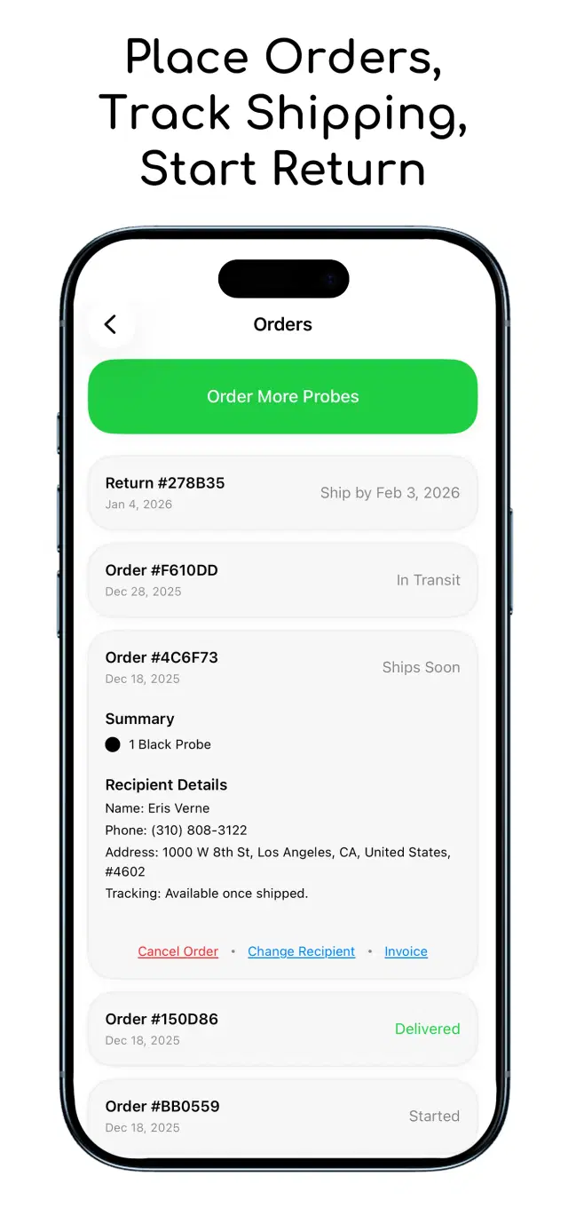 App screenshot - Directly place orders, manage orders, start returns, manage implant settings, and much more under one roof.