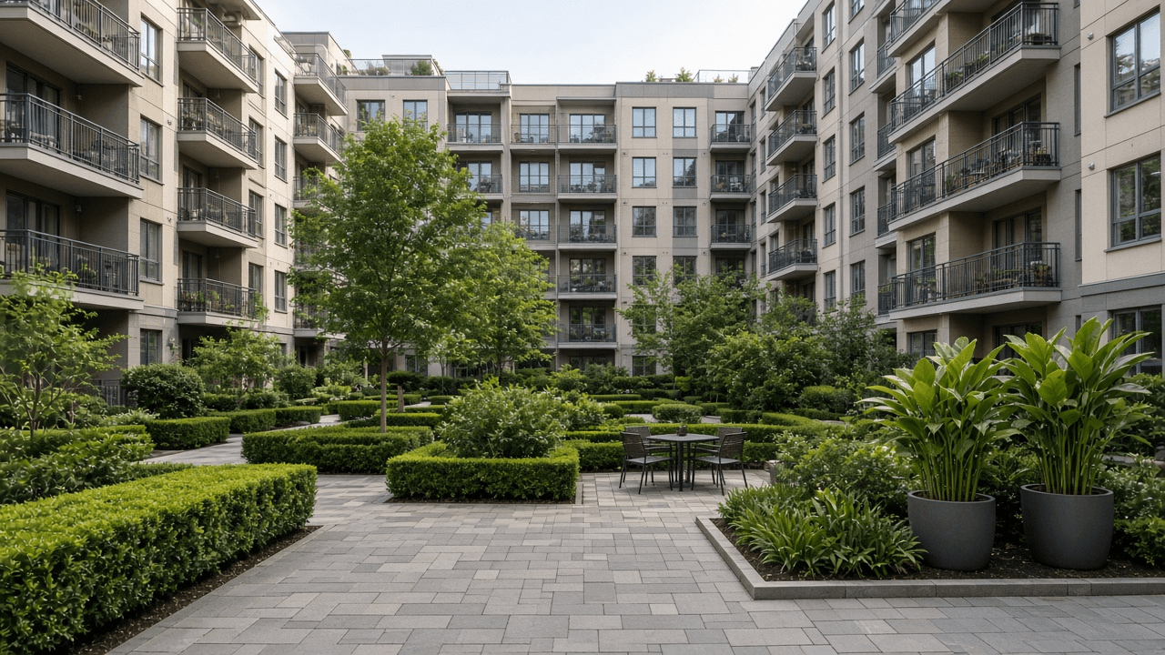 An apartment courtyard with potted plants and hedges — no device in view.
