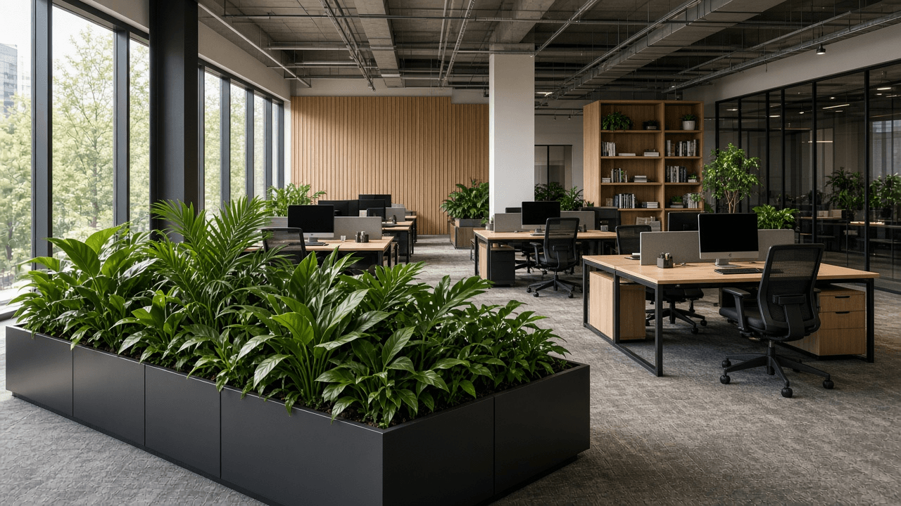 A modern office with tropical planters — no device in view.