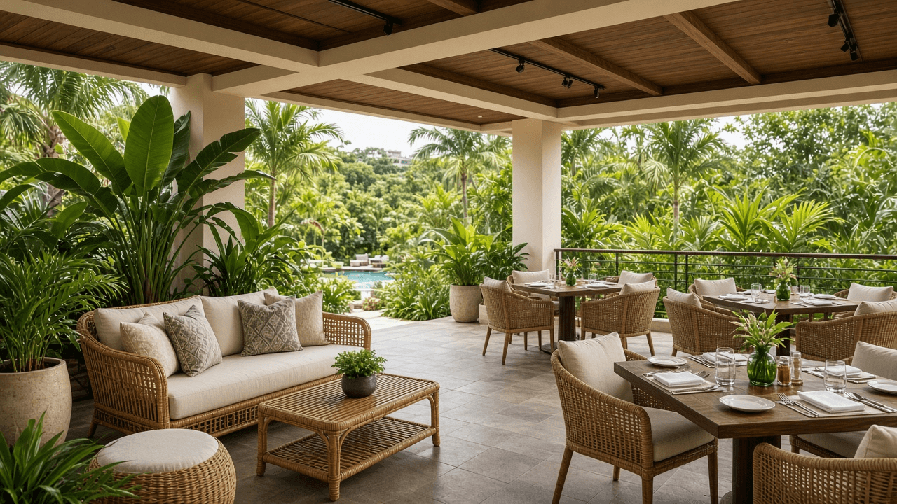 A hotel resort terrace with potted plants and rattan seating — no device in view.