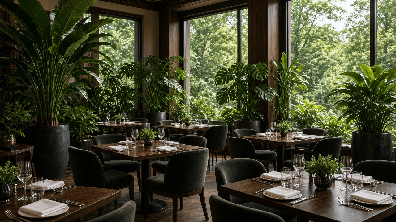 A restaurant dining room with lush plants and set tables — no device in view.